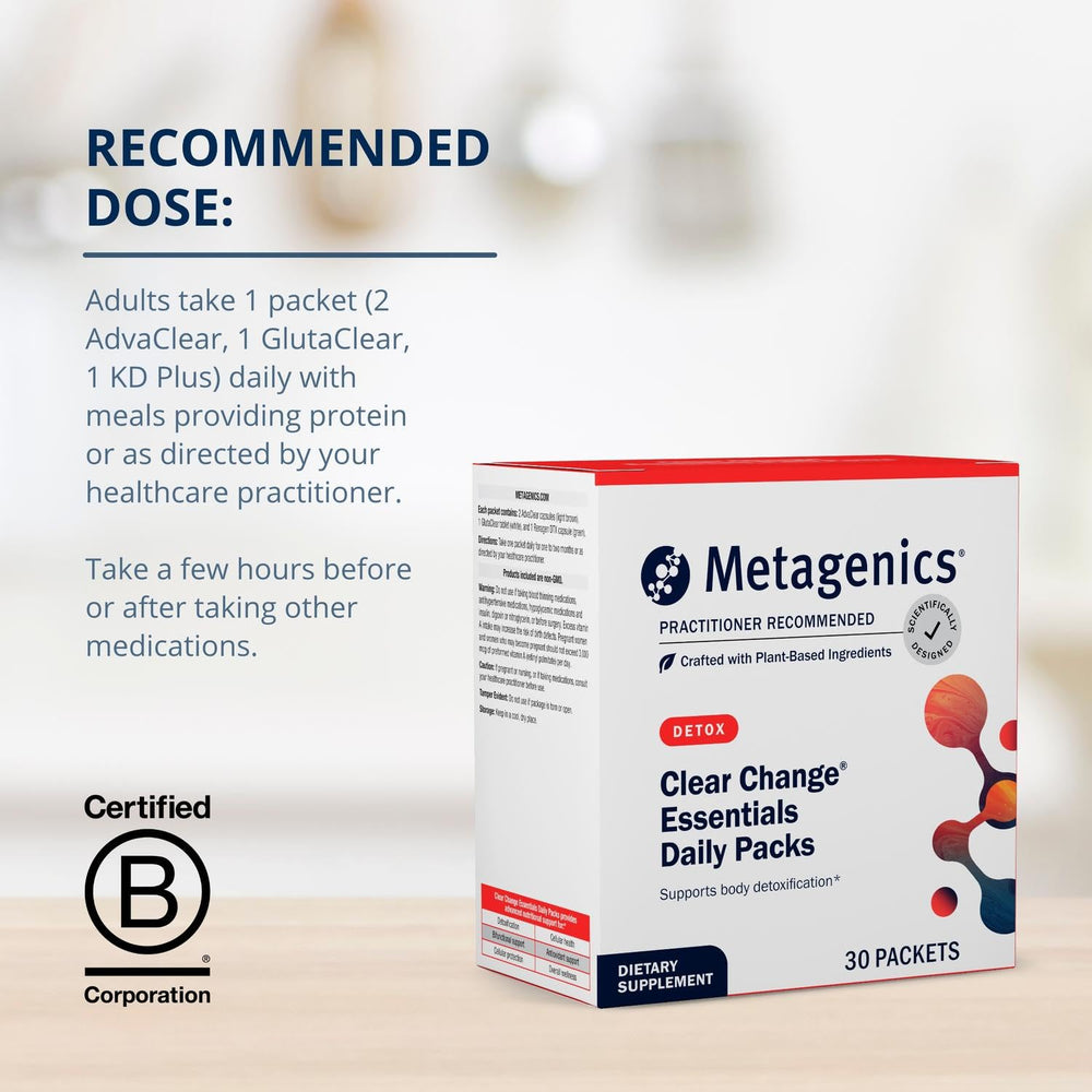 Metagenics Clear Change Daily Essentials packets front showcases convenient daily sachets for busy mornings.