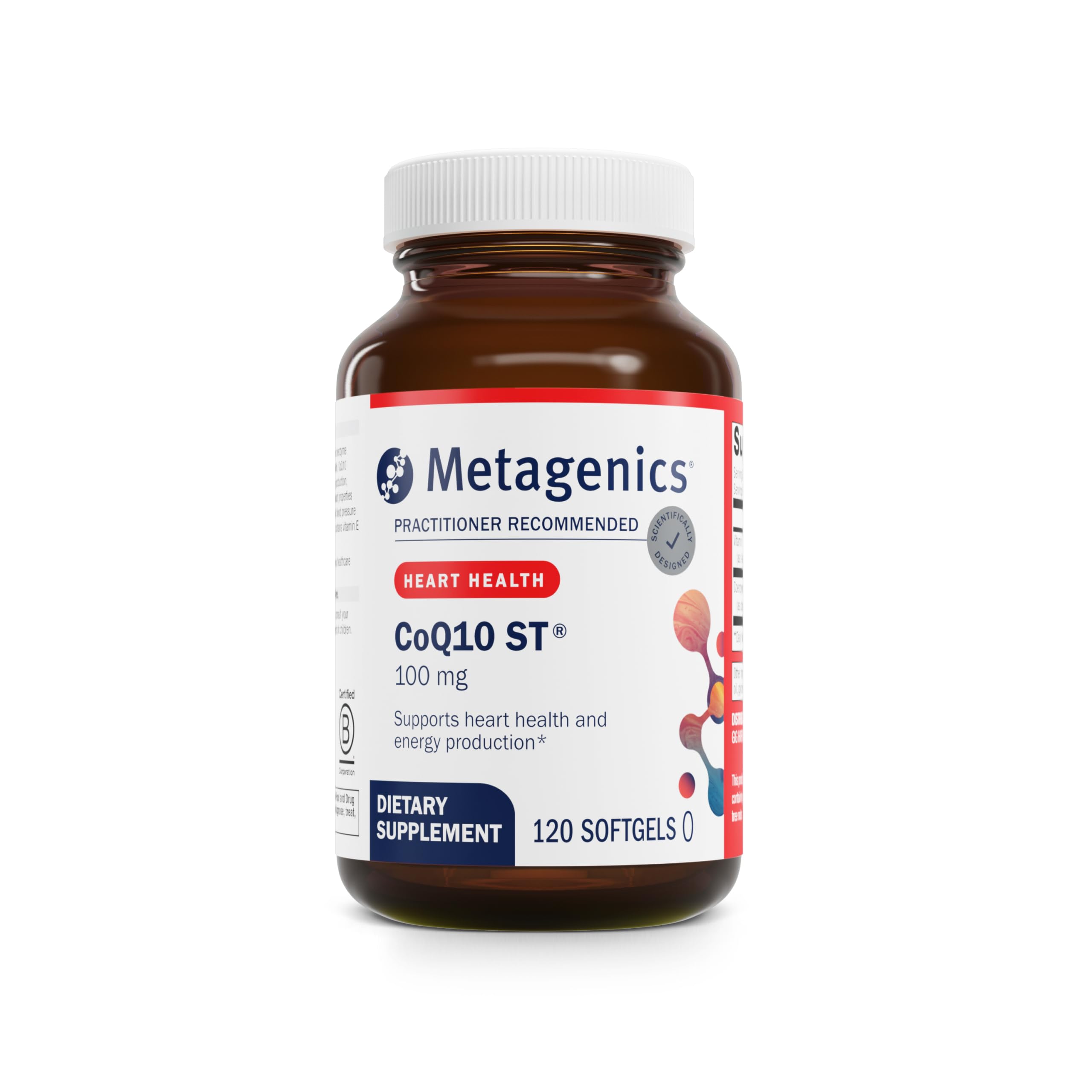 Metagenics CoQ10 ST-100 bottle front view highlighting heart support potential.