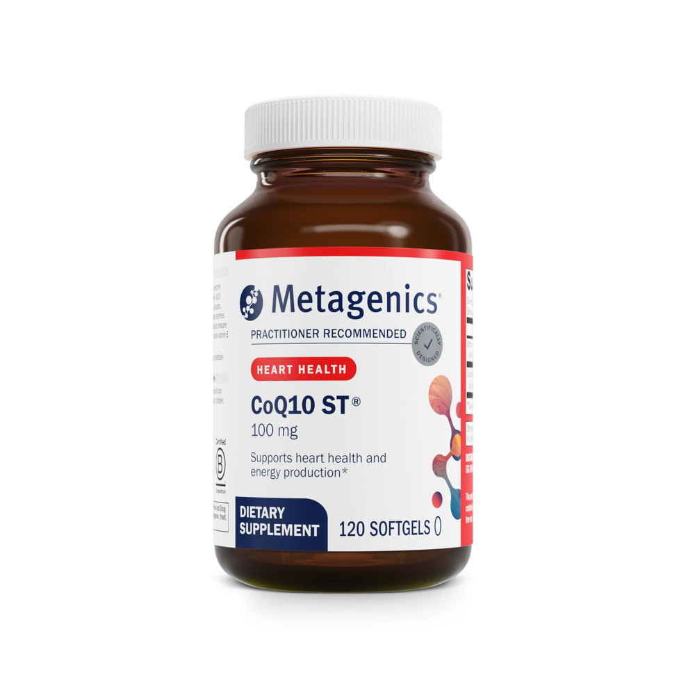 Metagenics CoQ10 ST-100 bottle front view highlighting heart support potential.