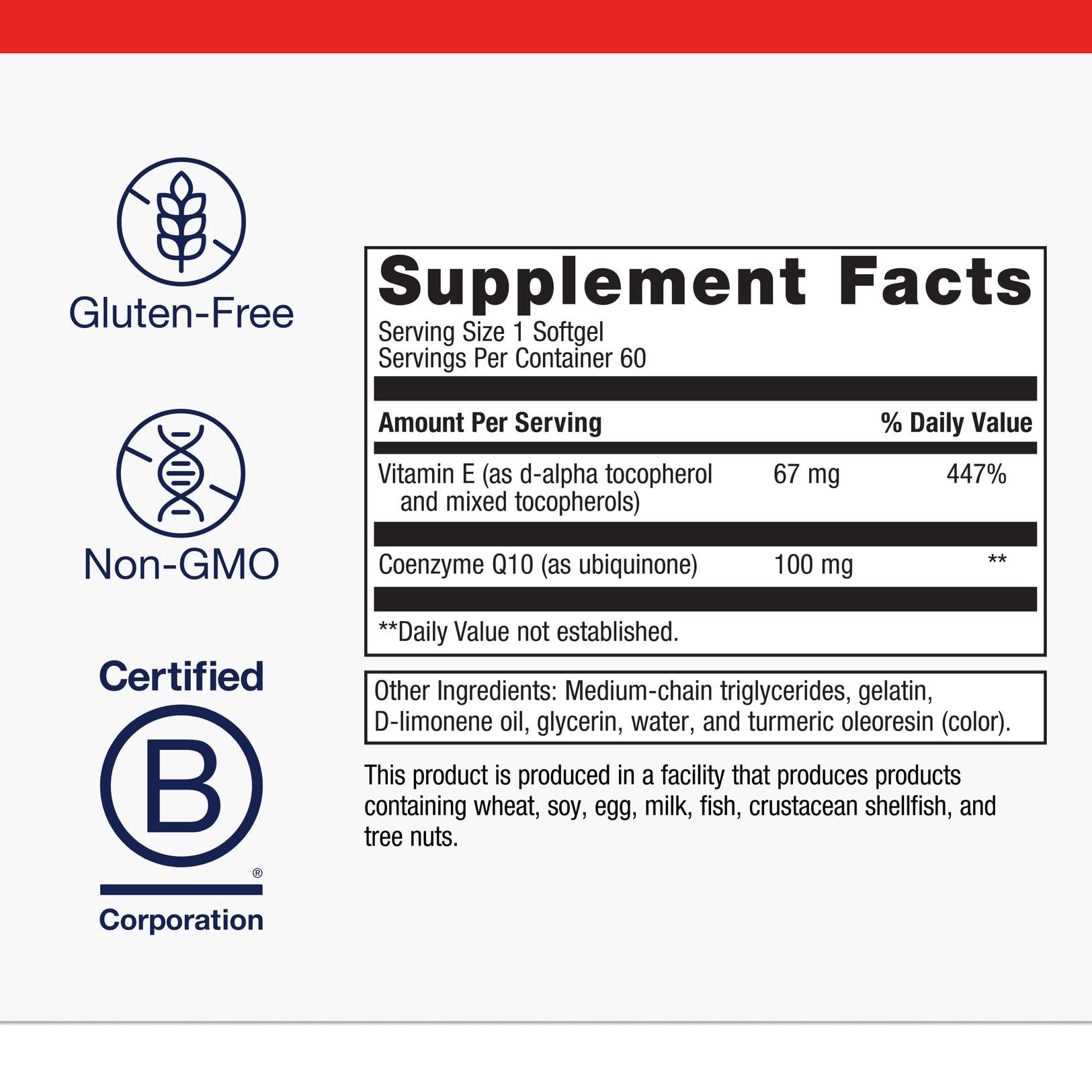 Metagenics CoQ10 ST-100 ingredient panel with vitamin E and tocopherols for antioxidant support.