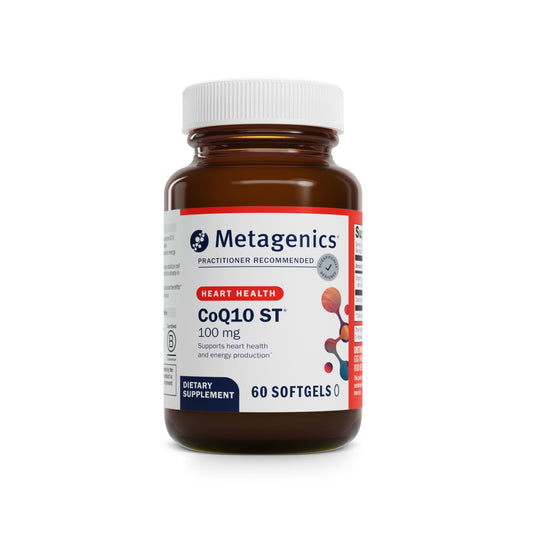 Metagenics CoQ10 ST-100 softgel bottle supports energy and heart health.