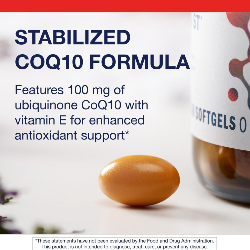 Metagenics CoQ10 ST-100 packaging highlighting non-GMO, gluten-free, soy-free formulation.