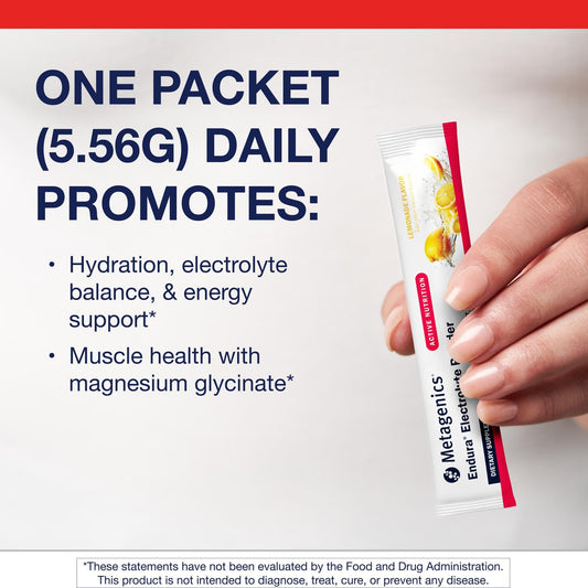 Metagenics Endura electrolyte balance packet highlighting sodium support after training.