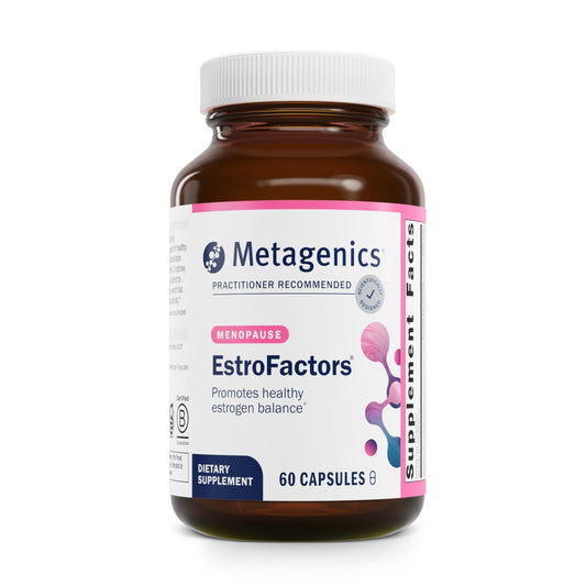 Metagenics EstroFactors bottle on a clean surface supports estrogen metabolism.