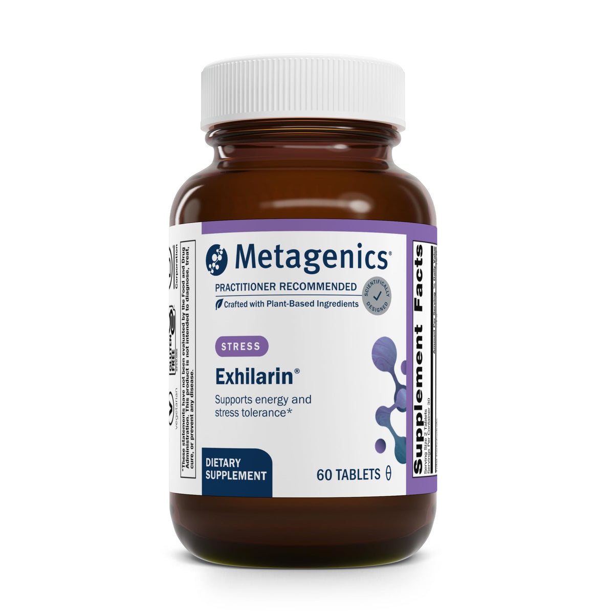 Metagenics Exhilarin bottle front view highlighting adaptogenic herbs for stress support