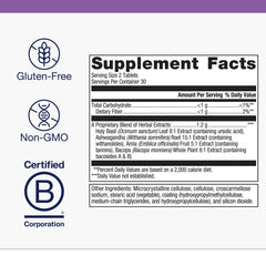 Metagenics Exhilarin bottle label close-up showing vegetarian and non-GMO formula