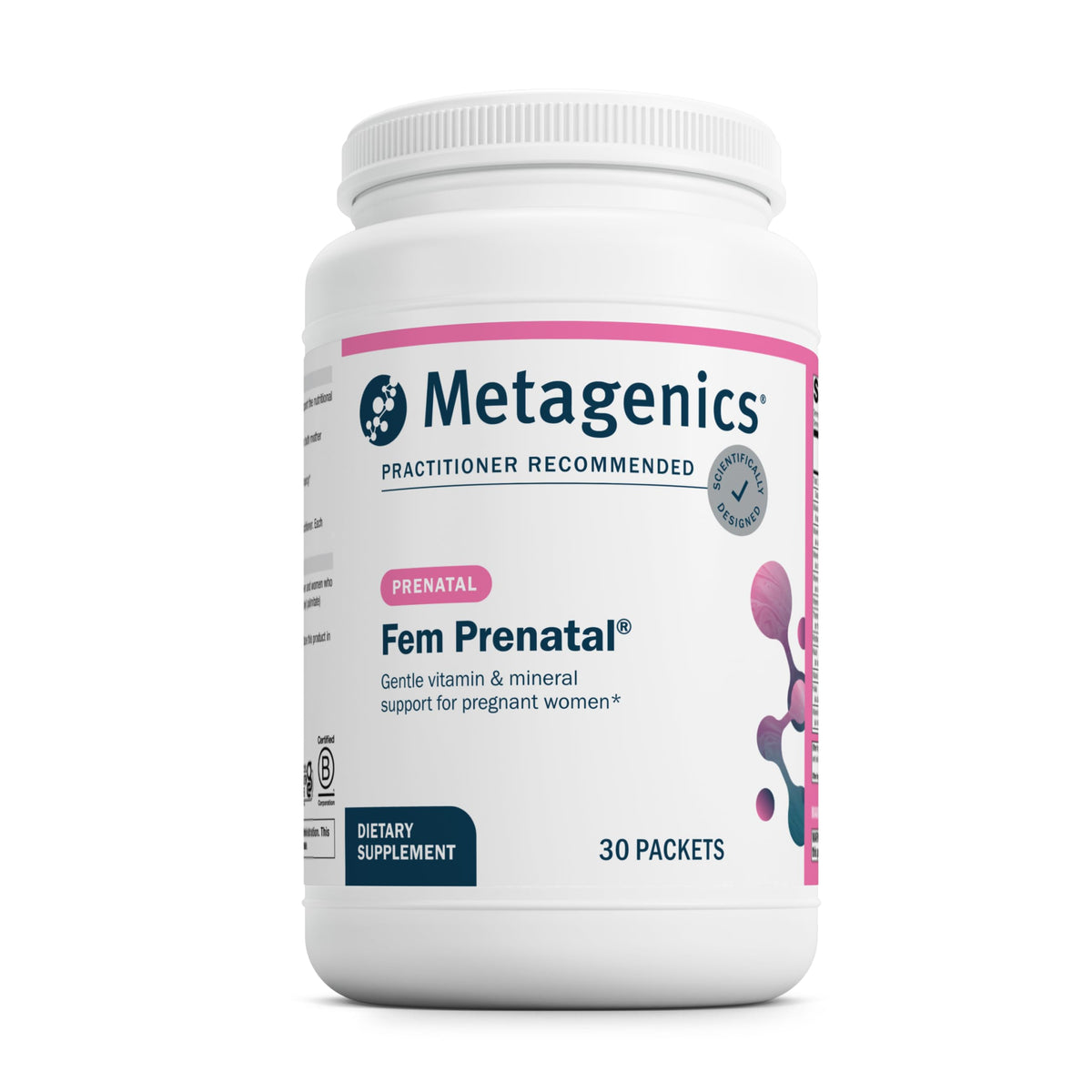 Metagenics Fem Prenatal packets close-up showing convenient daily doses for mom and baby support