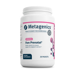 Metagenics Fem Prenatal packets close-up showing convenient daily doses for mom and baby support