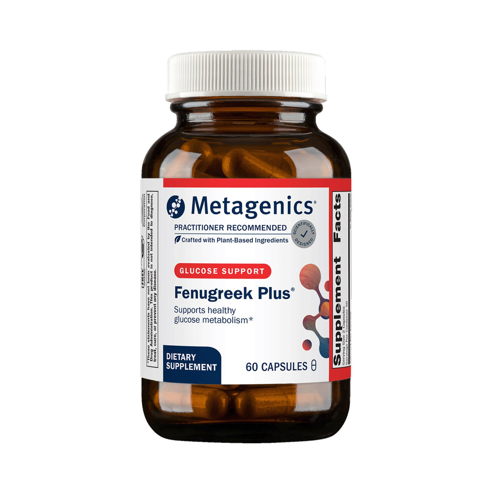 Metagenics Fenugreek Plus bottle and capsules prepared for pre-meal metabolism support.