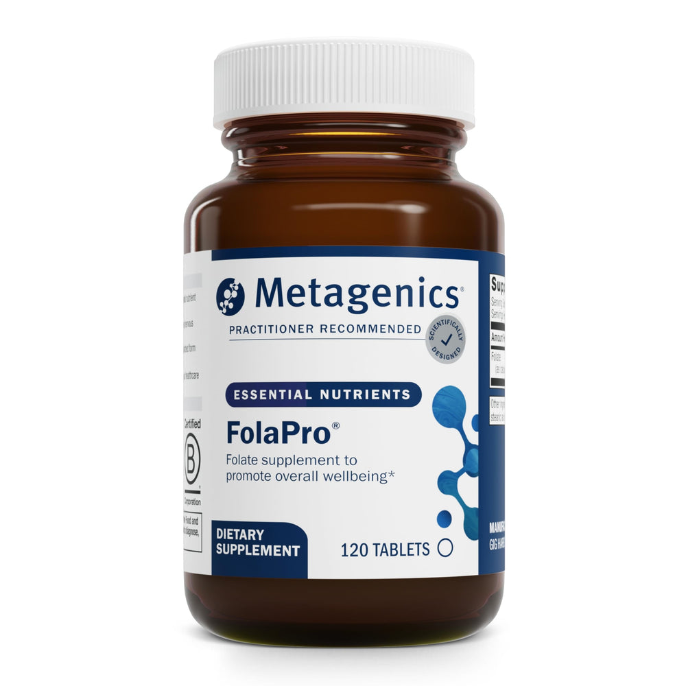 Metagenics FolaPro bottle front highlights methylated folate for convenient daily methylation support.