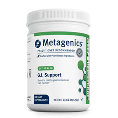 Metagenics G I Support bottle front highlighting gluten-free, non-GMO formula for digestive comfort