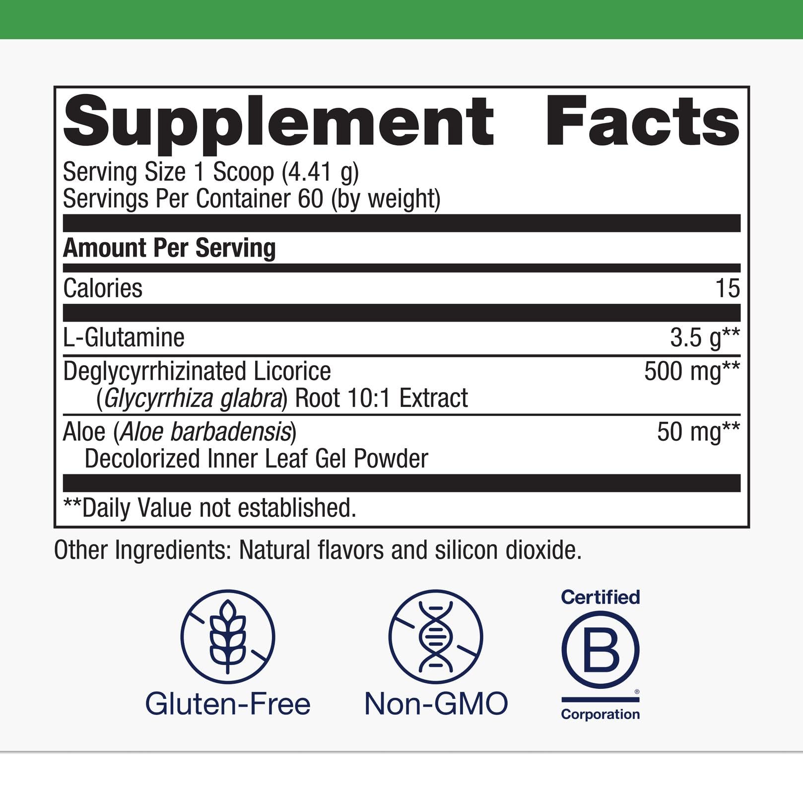 Metagenics Glutagenics DGL licorice component visible for digestive comfort.