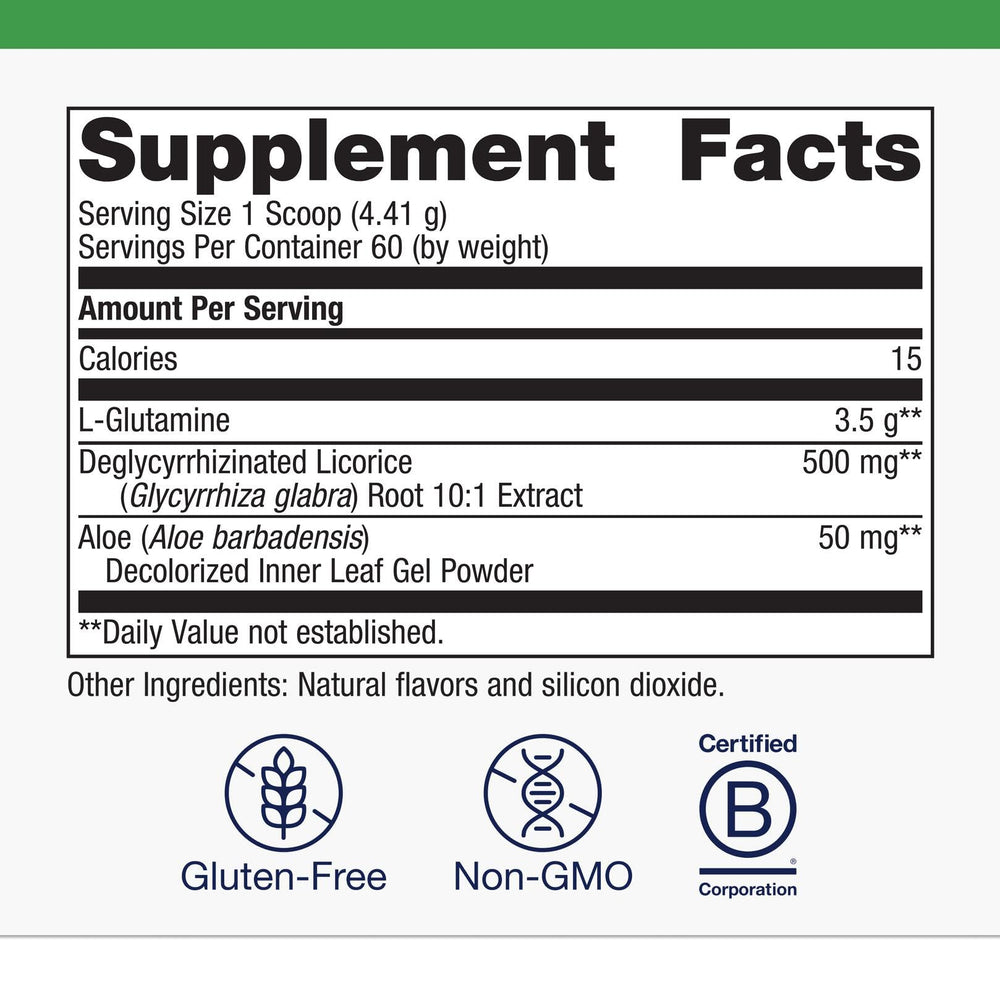 Metagenics Glutagenics DGL licorice component visible for digestive comfort.