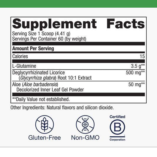 Metagenics Glutagenics DGL licorice component visible for digestive comfort.