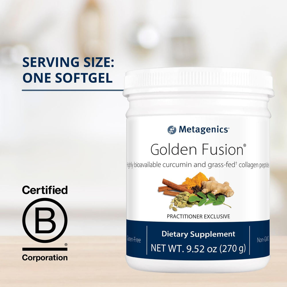 Metagenics Golden Fusion collagen powder scoop highlighting tissue health support.