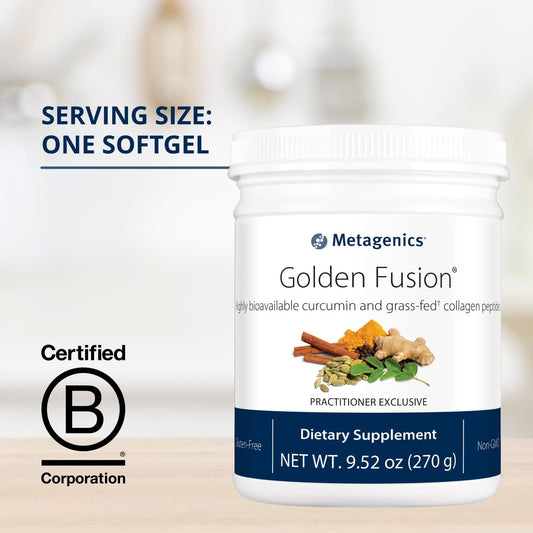 Metagenics Golden Fusion collagen powder scoop highlighting tissue health support.