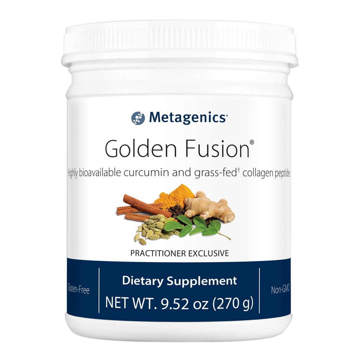 Metagenics Golden Fusion curcumin bottle showing joint-support blend benefits.