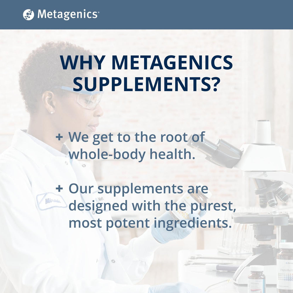 Metagenics Golden Fusion packaging close-up with GMP and testing emphasis.