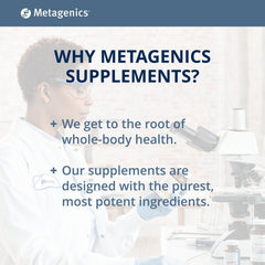 Metagenics Golden Fusion packaging close-up with GMP and testing emphasis.
