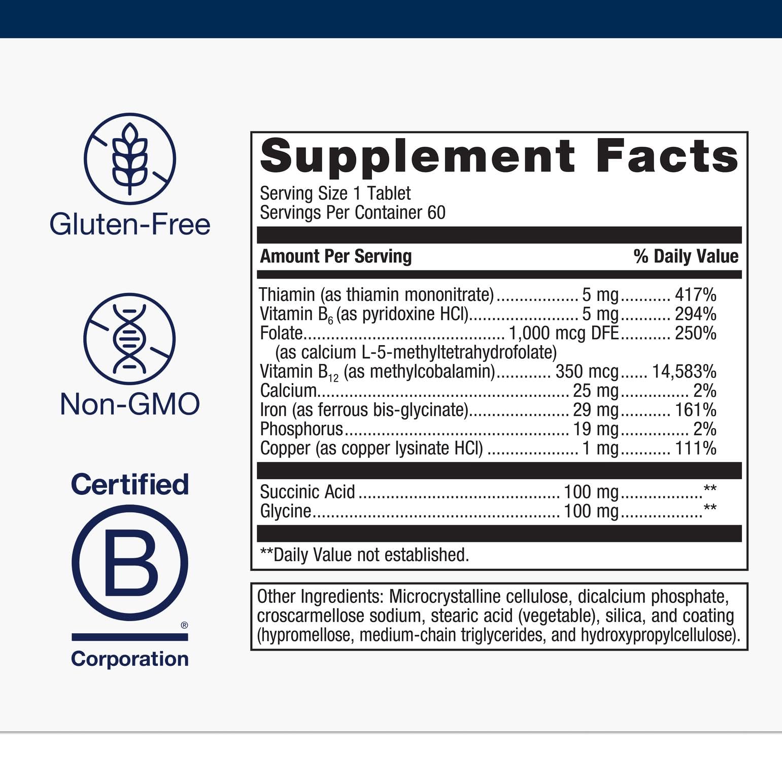 Metagenics Hemagenics ingredients list emphasizing B vitamins and folate.