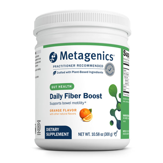 Metagenics Herbulk Fiber Powder bottle with orange flavor for daily gut support.