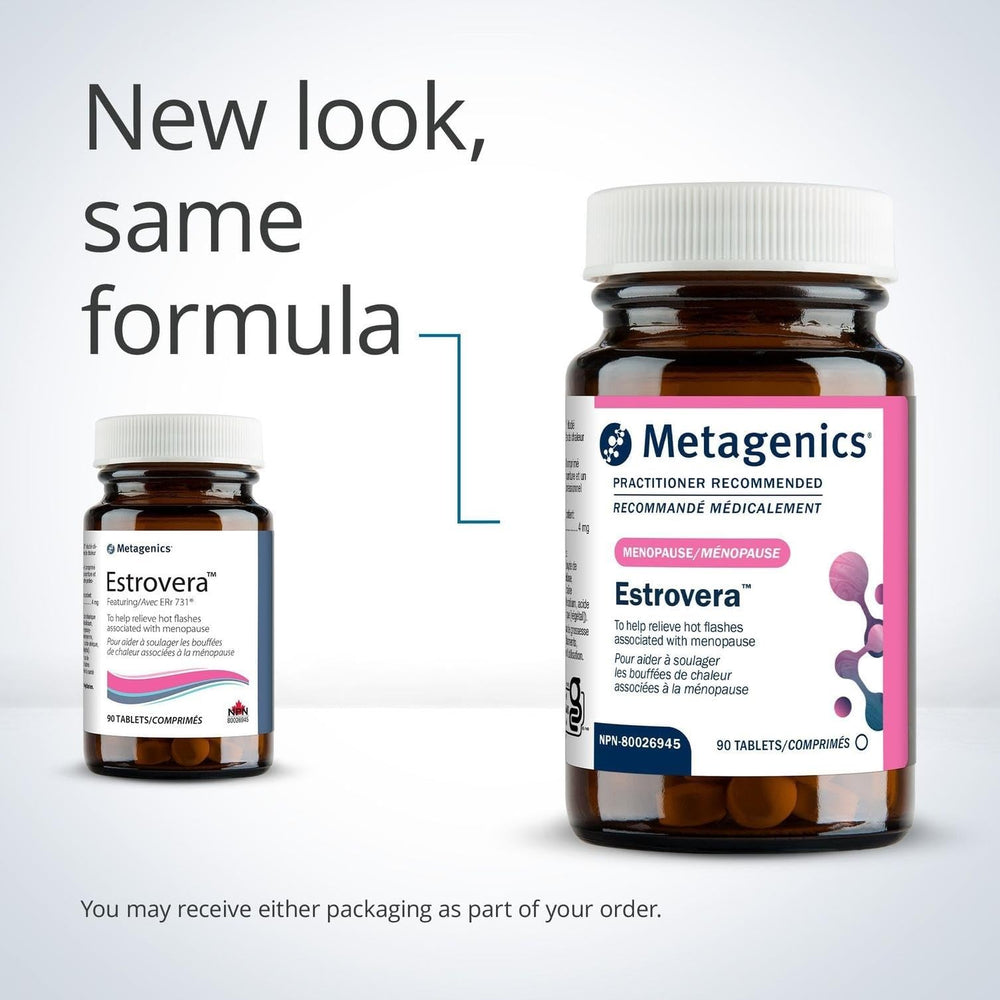 Metagenics HerWellness Estrovera ingredients panel emphasizes plant-based formula