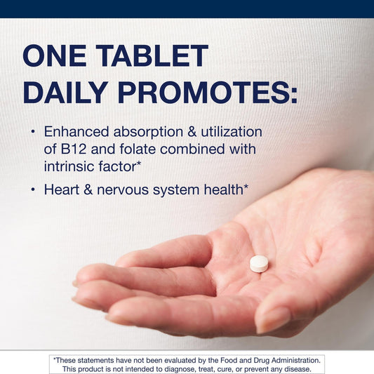 Metagenics Intrinsi B12-Folate tablets showing non-GMO formula for energy support.
