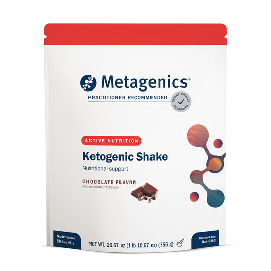 Metagenics Ketogenic Shake bottle pour showing chocolate keto nutrition on the go