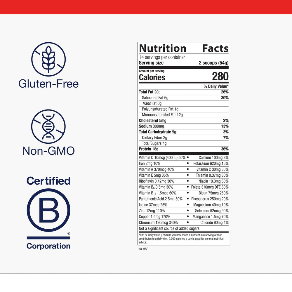 Metagenics Ketogenic Shake label emphasizing gluten-free and non-GMO formula