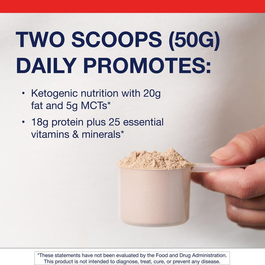 Metagenics Ketogenic Shake scoop highlighting quick protein for lasting fullness