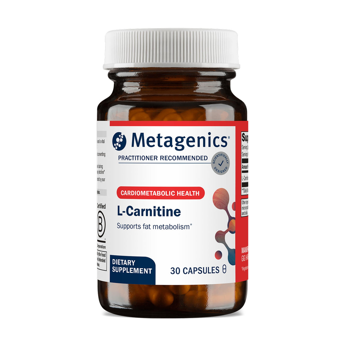 Metagenics L-Carnitine 500 mg bottle — convenient energy support for daily vitality.