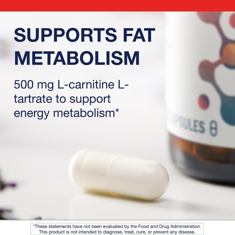 Metagenics L-Carnitine label closeup — clear dosage details for accurate use.