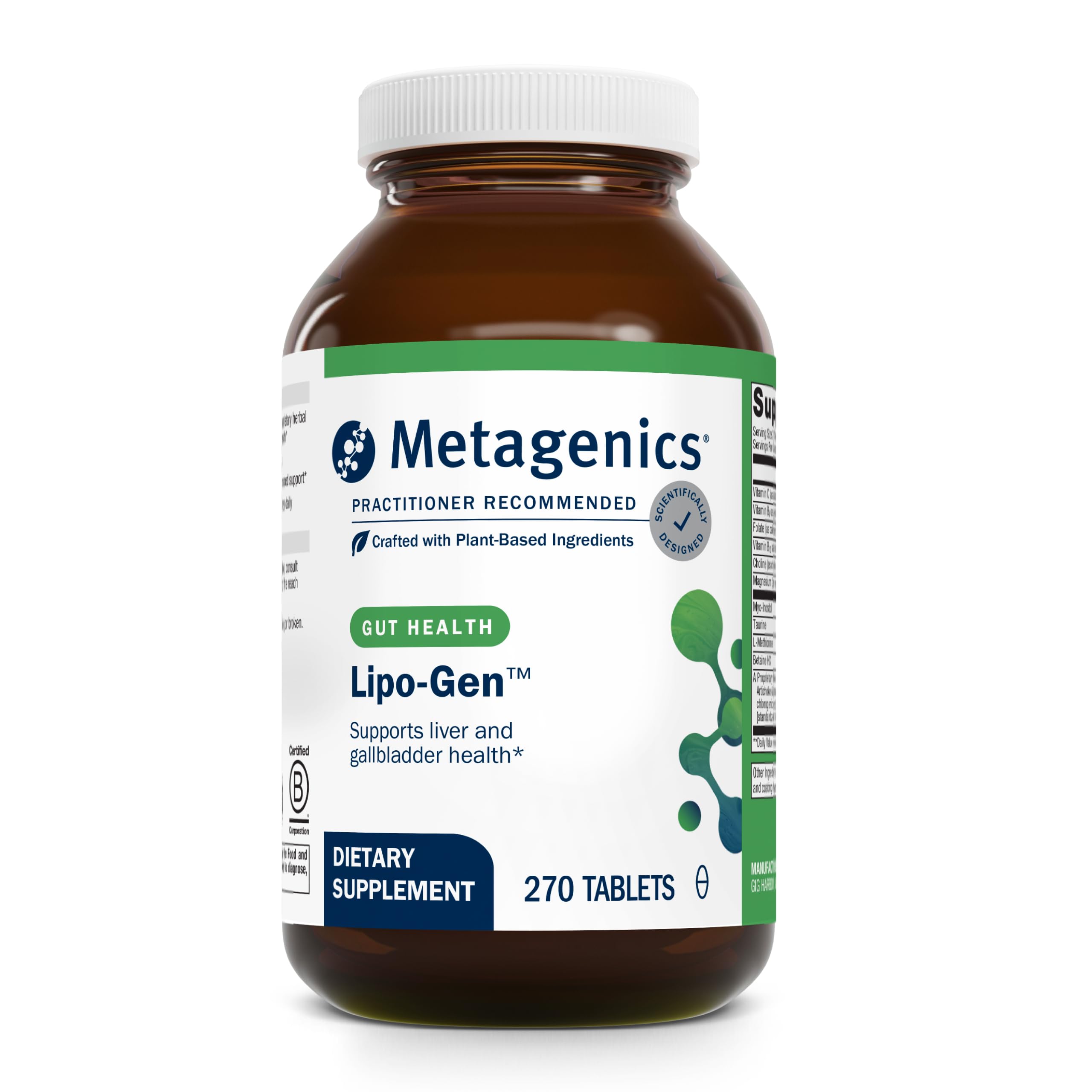 Metagenics Lipo-Gen bottle front showing lipotropic formulation for liver support