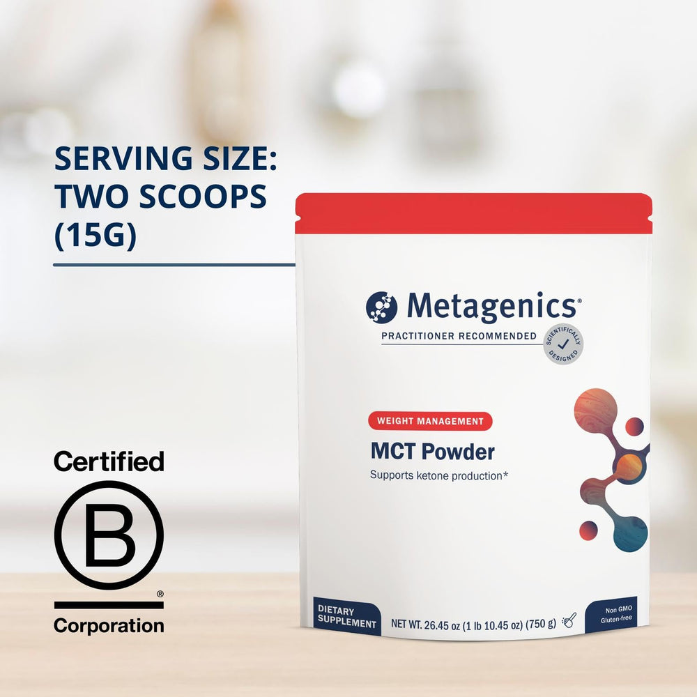Metagenics MCT Powder unflavored powder mixing into a beverage.