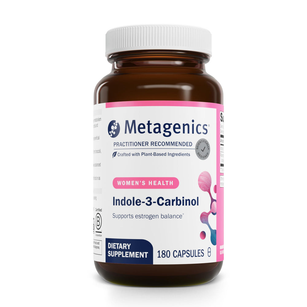 Metagenics Meta Indole-3-Carbinol bottle showing estrogen support