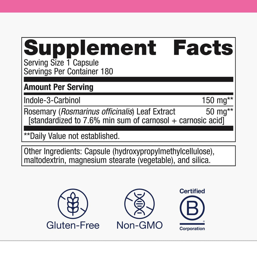 Metagenics Meta Indole-3-Carbinol packaging emphasizing vegan formula