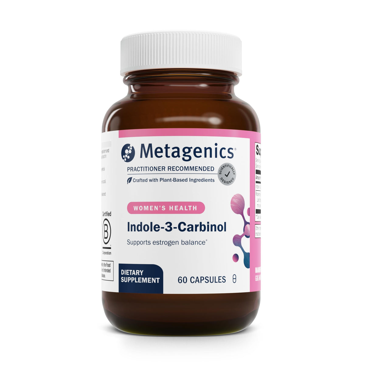 Metagenics Meta Indole-3-Carbinol bottle on a clean counter for daily balance support.