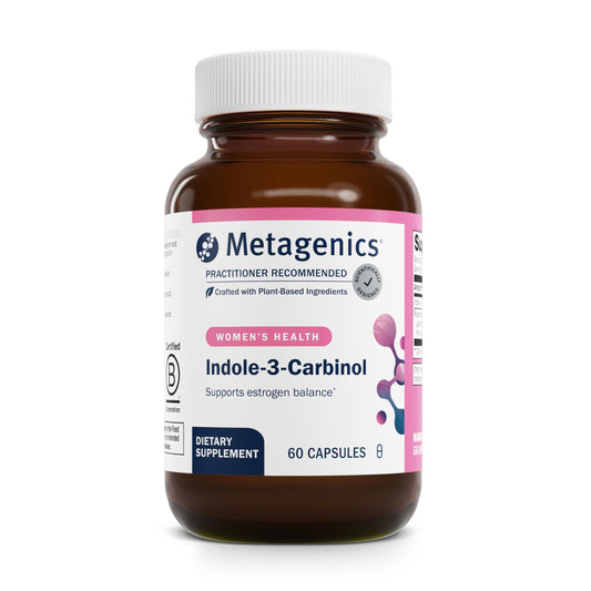 Metagenics Meta Indole-3-Carbinol bottle on a clean counter for daily balance support.
