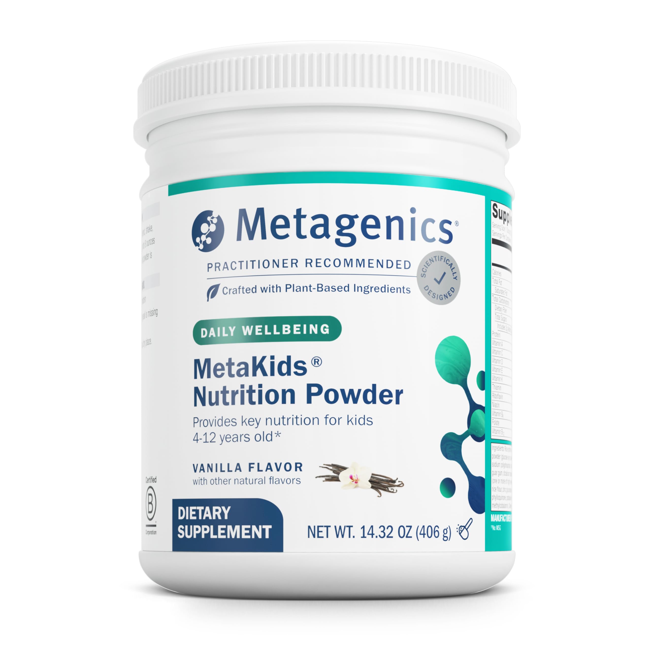 Metagenics MetaKids vanilla powder canister for balanced daily nutrition.