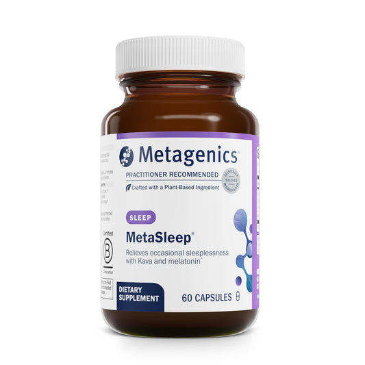 Metagenics MetaSleep bottle front shows packaging for nightly use and calm support