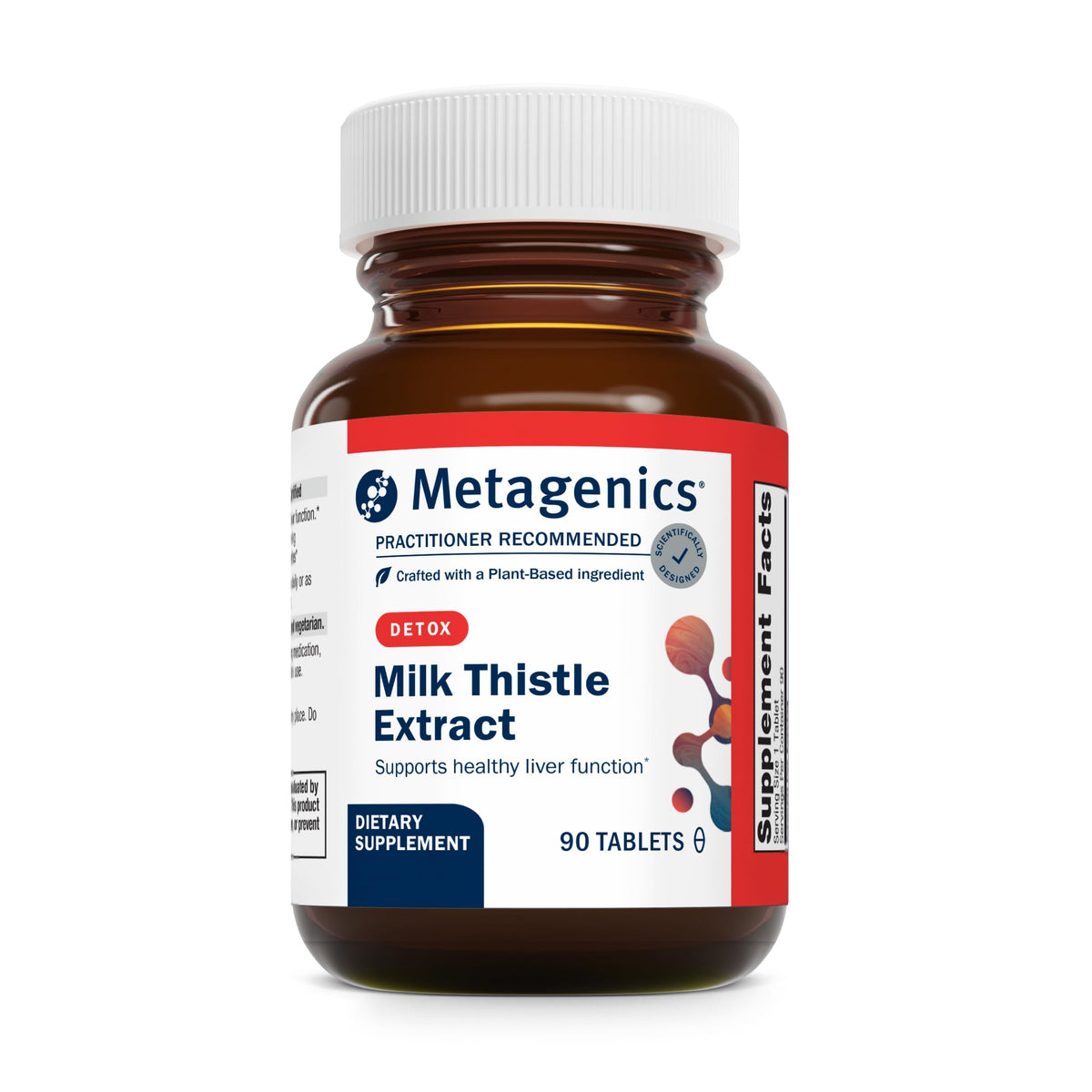 Metagenics Milk Thistle Extract bottle front highlights liver support and antioxidant defense.