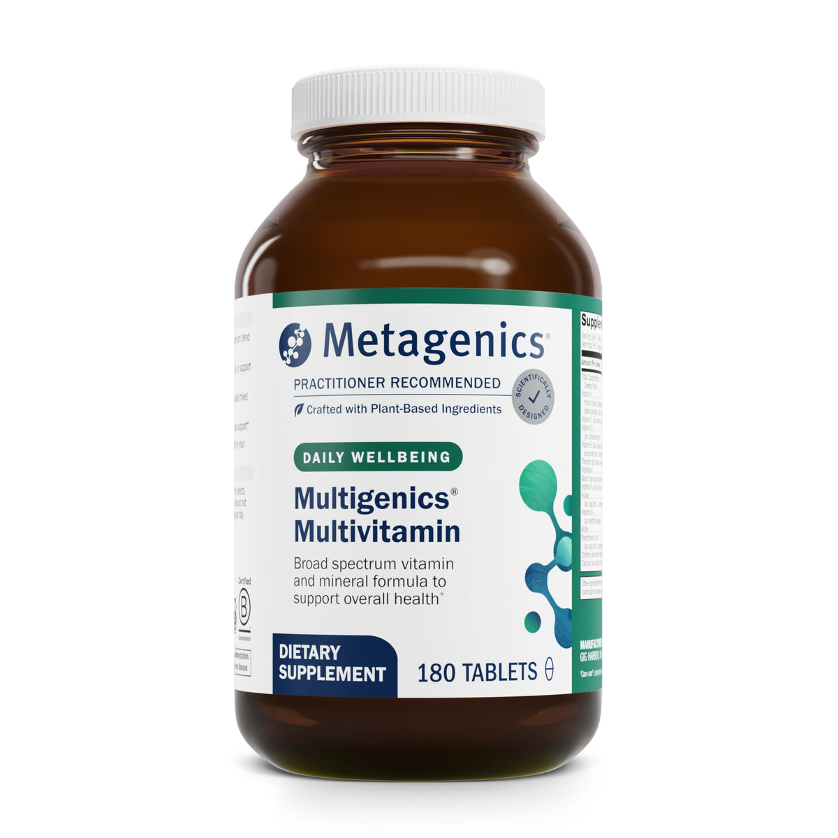 Metagenics Multigenics bottle front showing daily multivitamin in a balanced container