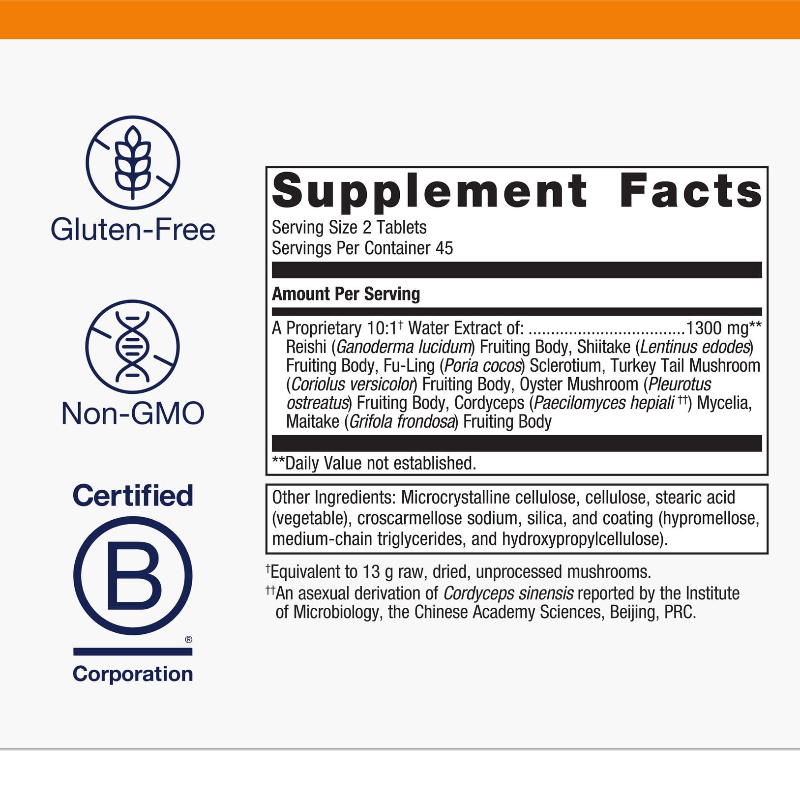Metagenics Mycotaki B Corp certification label on packaging signaling quality.