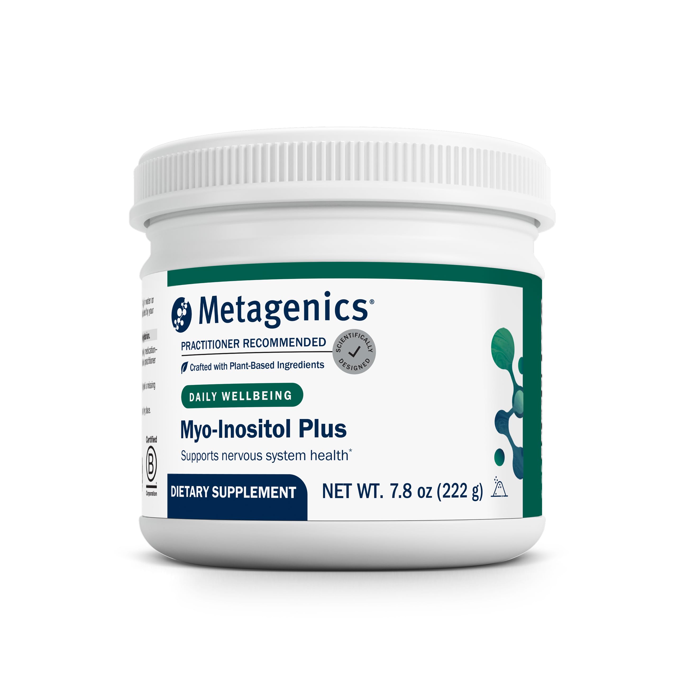 Metagenics Myo-Inositol Plus bottle highlighting vegan, gluten-free formulation for daily wellness support.