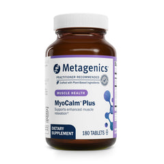 Metagenics MyoCalm Plus bottle showing calming relaxation and sleep support.