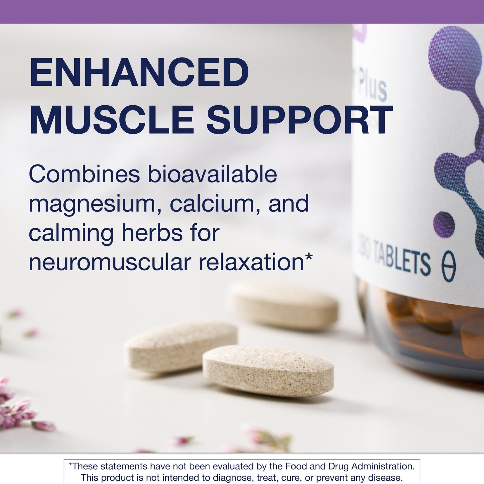 Metagenics MyoCalm Plus label close-up highlighting ingredients and benefits.