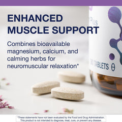 Metagenics MyoCalm Plus label close-up highlighting ingredients and benefits.