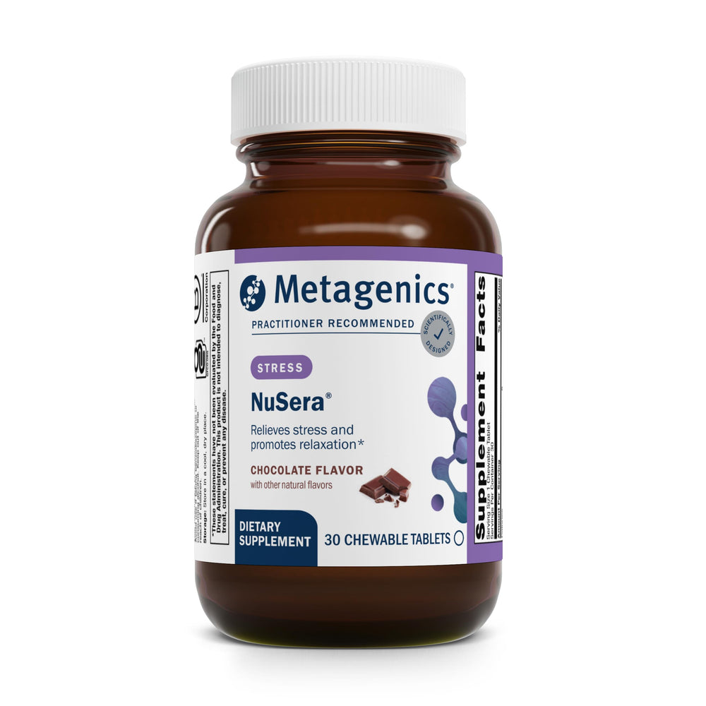 Metagenics NuSera bottle with chocolate chewables for quick stress support.
