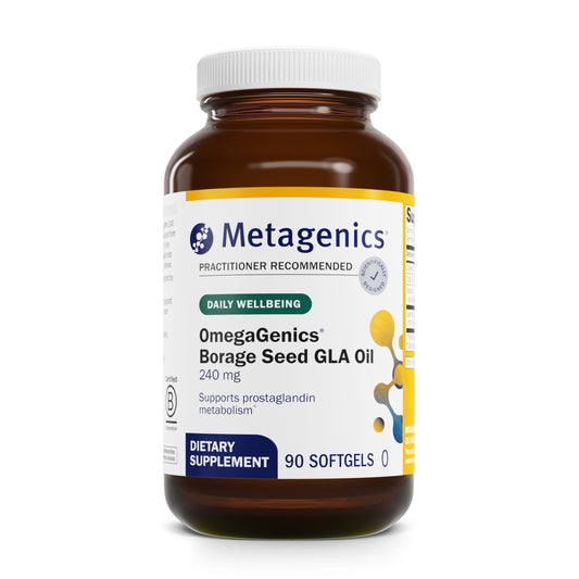Metagenics OmegaGenics bottle and softgels highlighting skin hydration support
