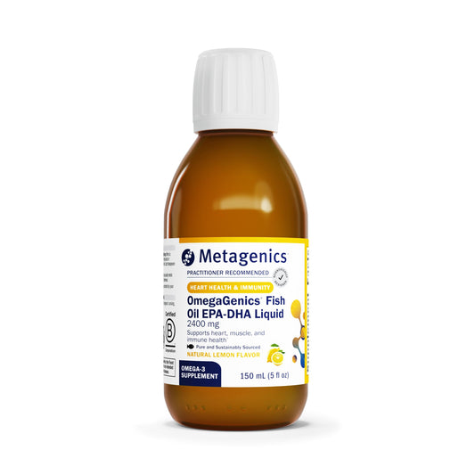 Metagenics OmegaGenics 2400 mg lemon bottle; high-potency omega-3 supports daily heart and immune wellness